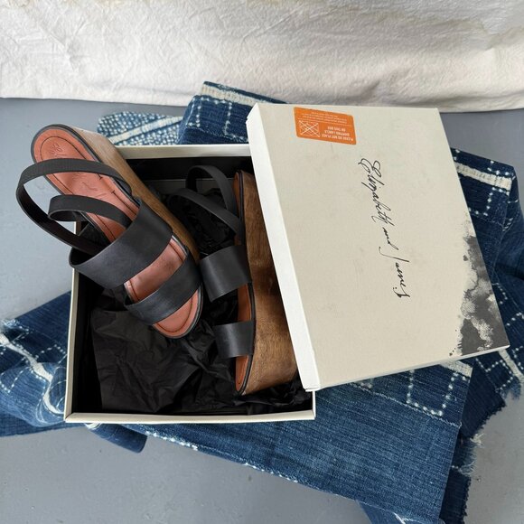 Elizabeth and James Black Wooden Platform Sandal with Ankle Strap, Size 9 - Picture 3 of 7